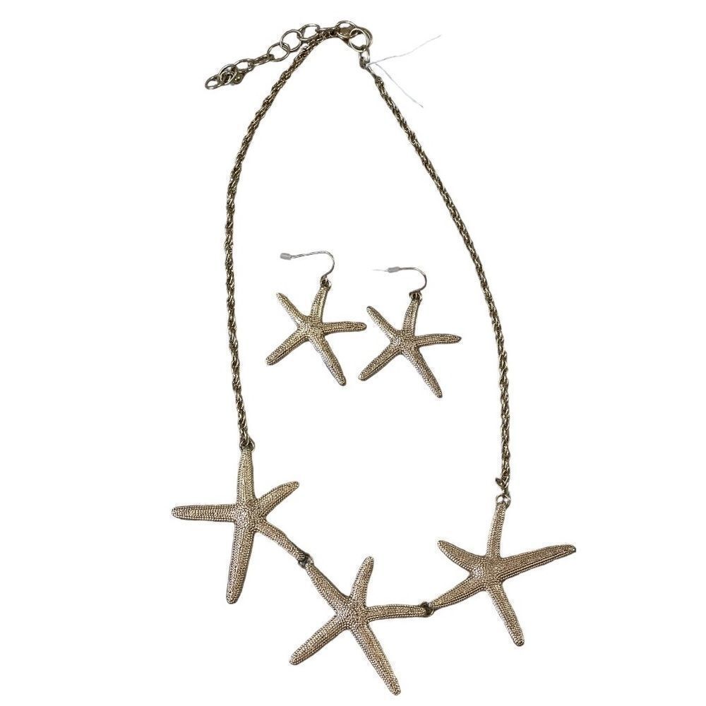 Nautical Starfish Gold Tone Statement Necklace and Earring Set